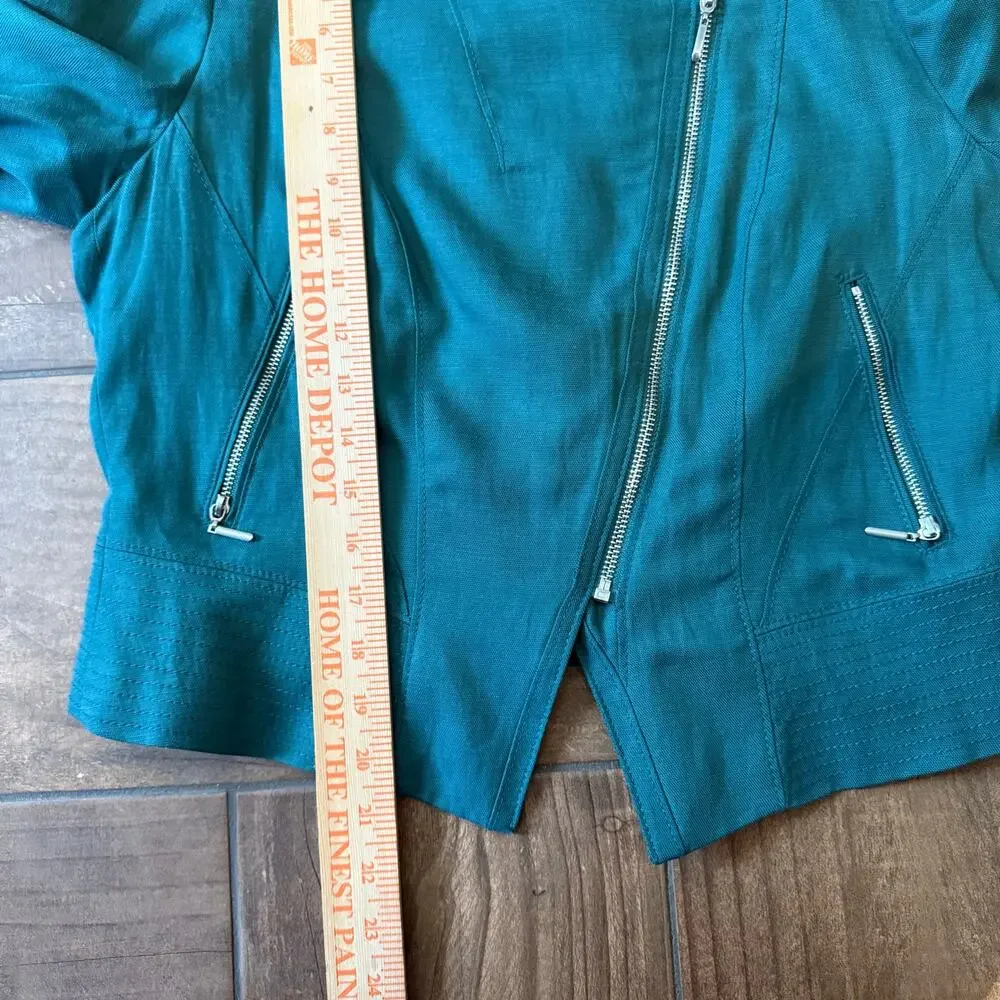 White House Black Market Linen Teal Moto Jacket Zip Front Silver Hardware Sz 8